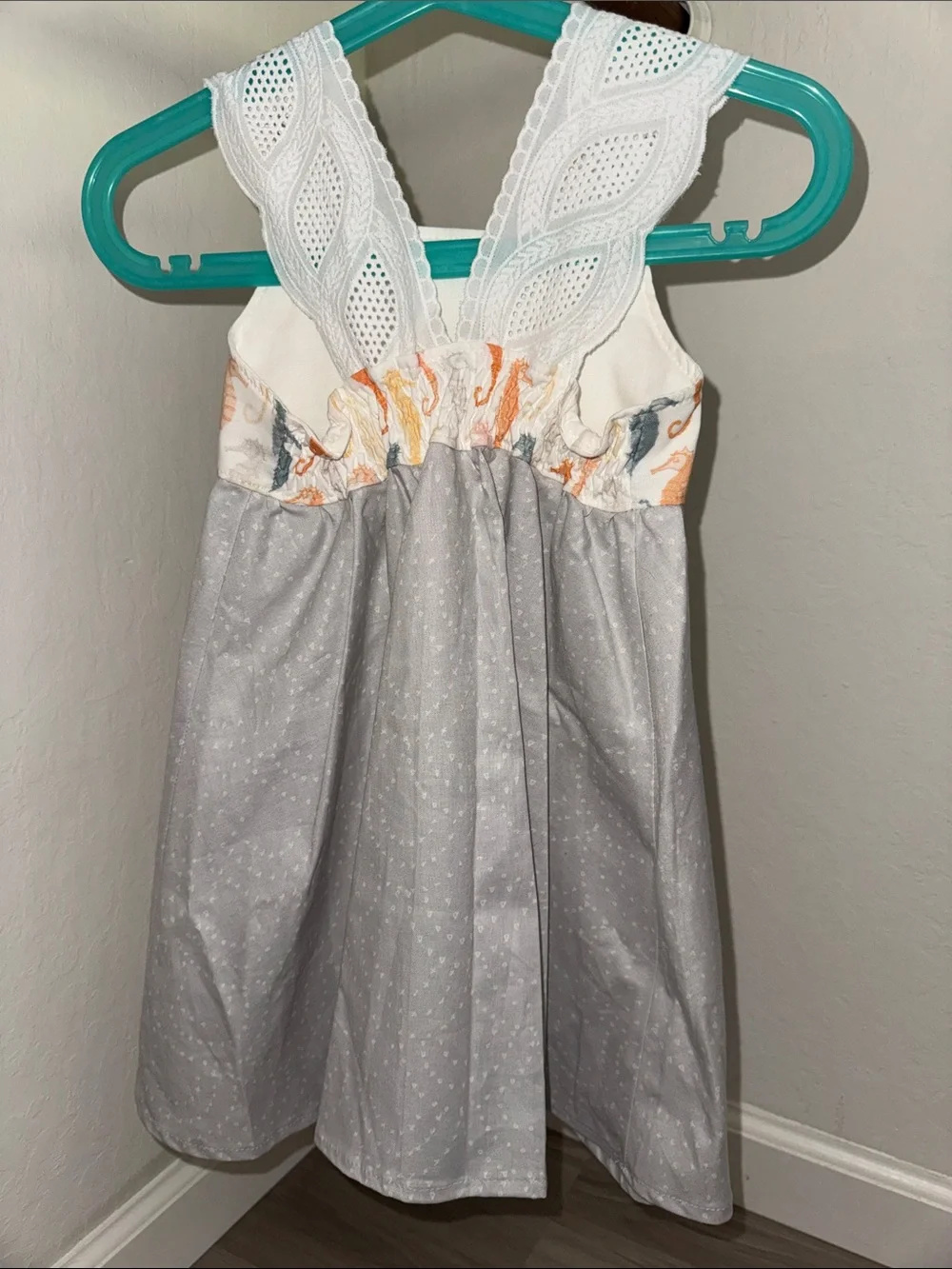 Bitty Bambu (Made in Maui) White and Gray Seahorse Print Sundress